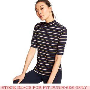 Stripe Mock Neck Tee from Ann Taylor - XS - Navy Blue - EUC